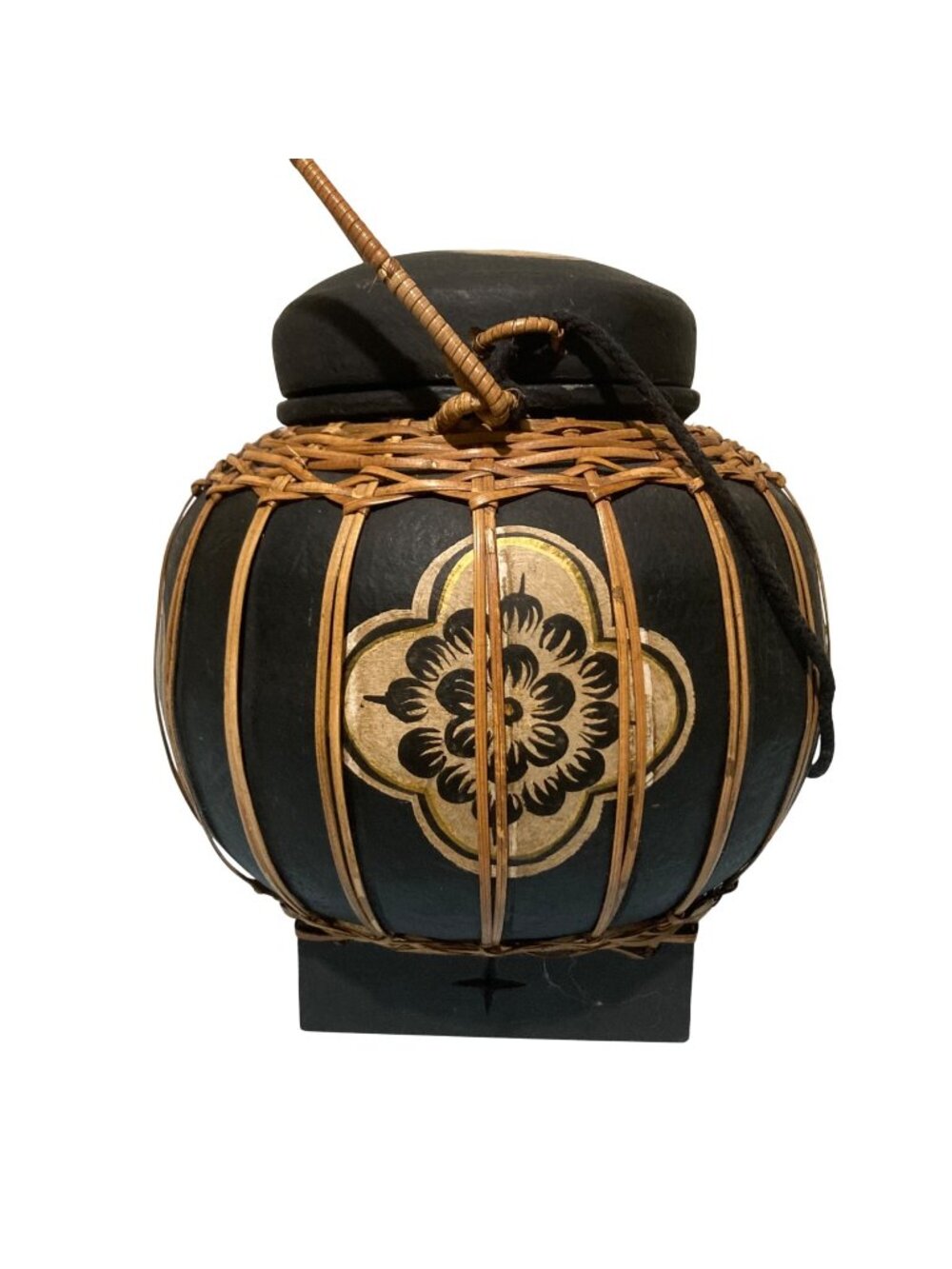 Vintage Thai Bamboo And Wood Rice Basket Hand Painted Floral Design